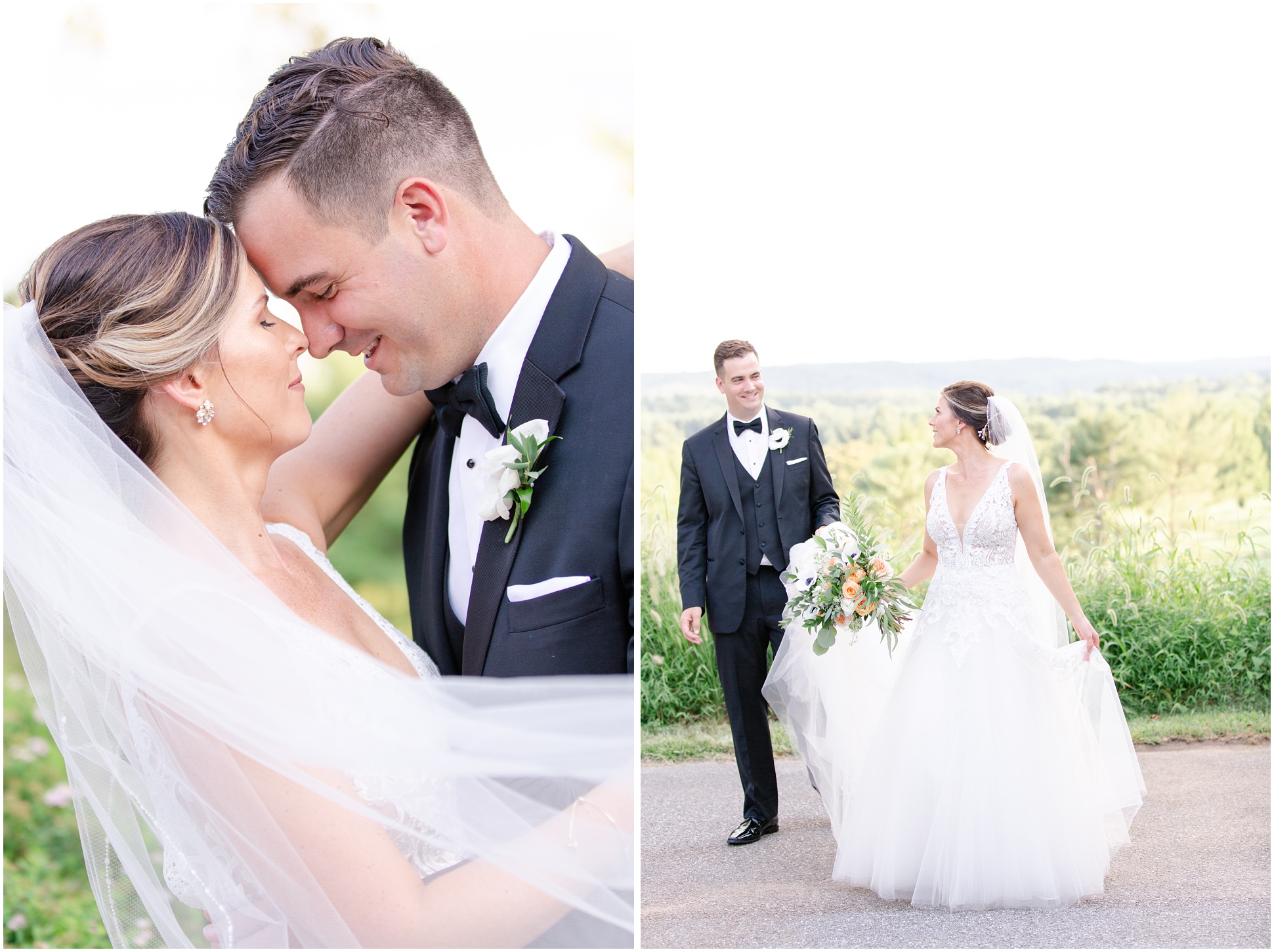 Left: Close Up of bride and groom with foreheads touching and veil wrapped around bride