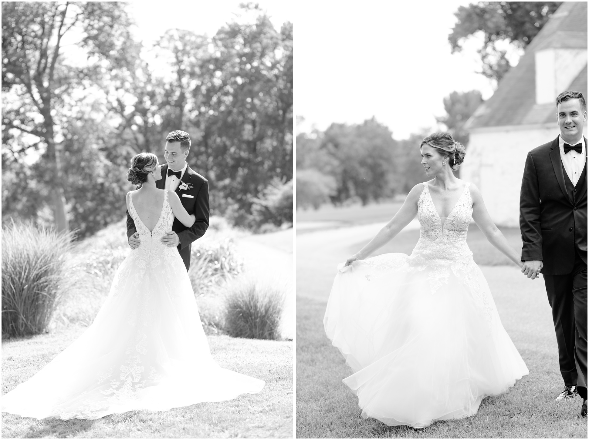Two black and white images of the bride and groom and the bride on the golf course at eagles nest country club