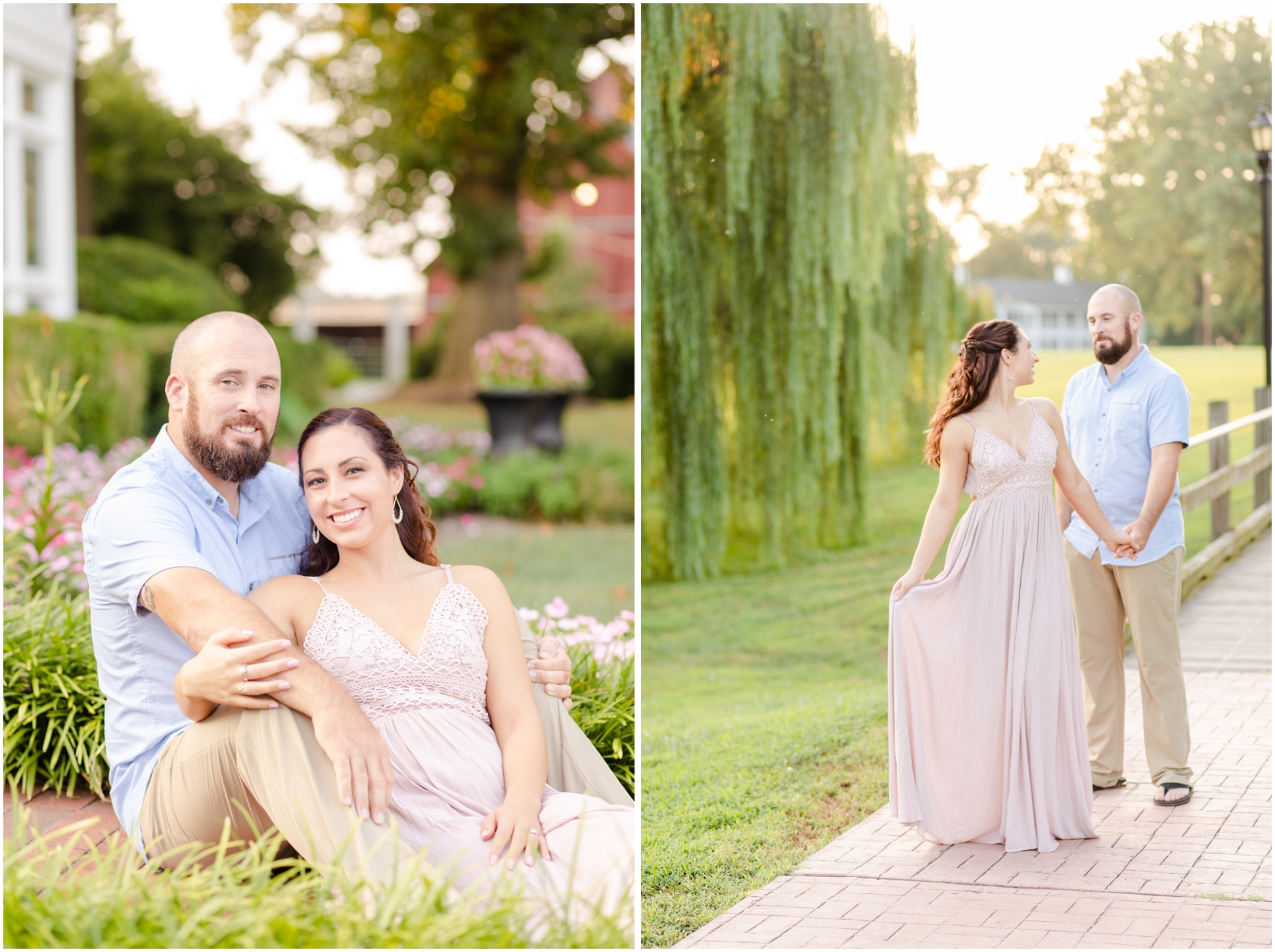 Two images of Brooke and Patrick in the garden and walking past the willow tree at Swan Harbor Farm