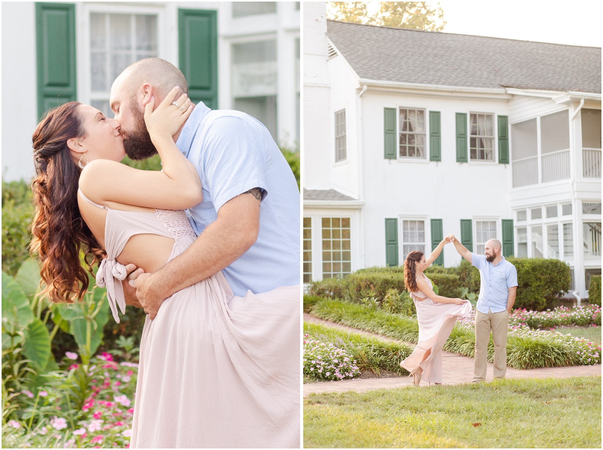 Bride wearing long blush dress and groom wearing blue button down and kahki pants, dancing in front of the mansion on swan harbor farm
