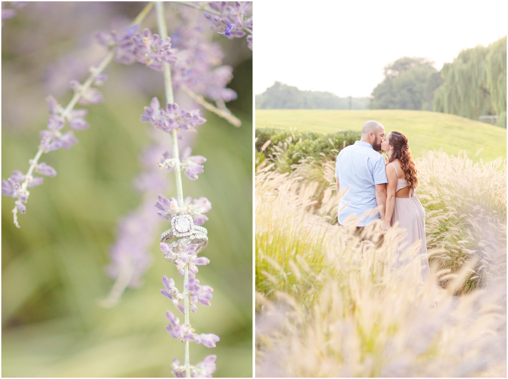 Left: Engagement ring shot on lavender branch, right: husband and wife to be kissing among the lavender flowers