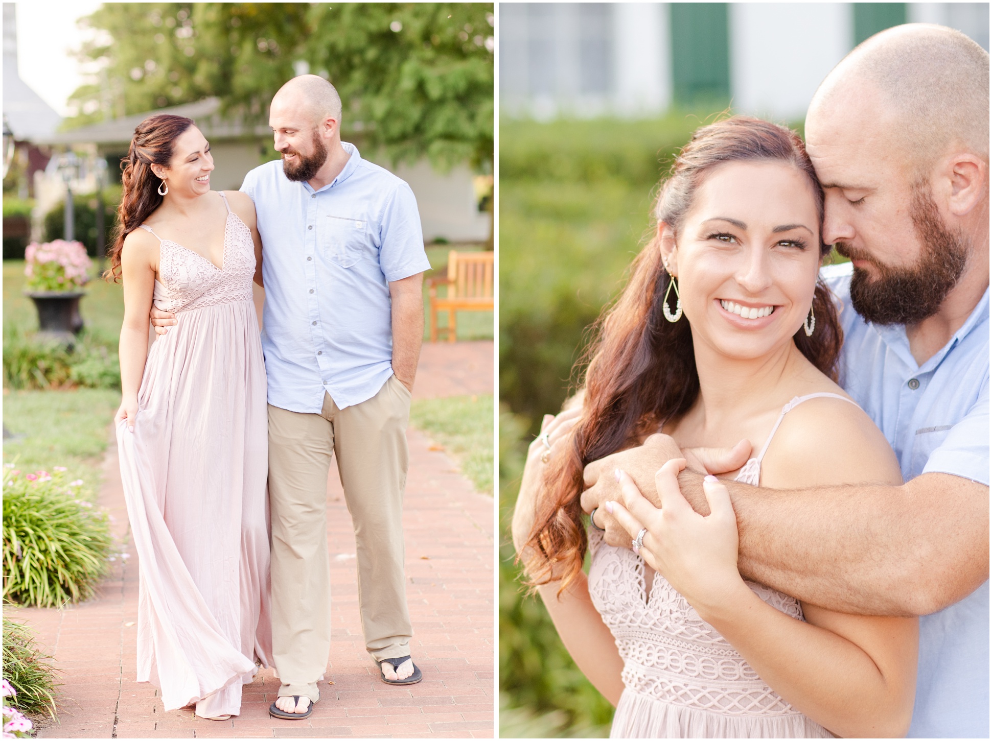 Left: couple walking down brick path, Right, couple nuzzling in the garden