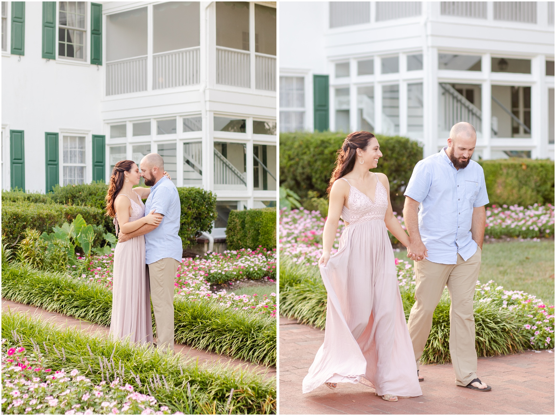 Left image: Couple standing chest to chest in the garden, right: couple walking hand in-hand down the brick pathway