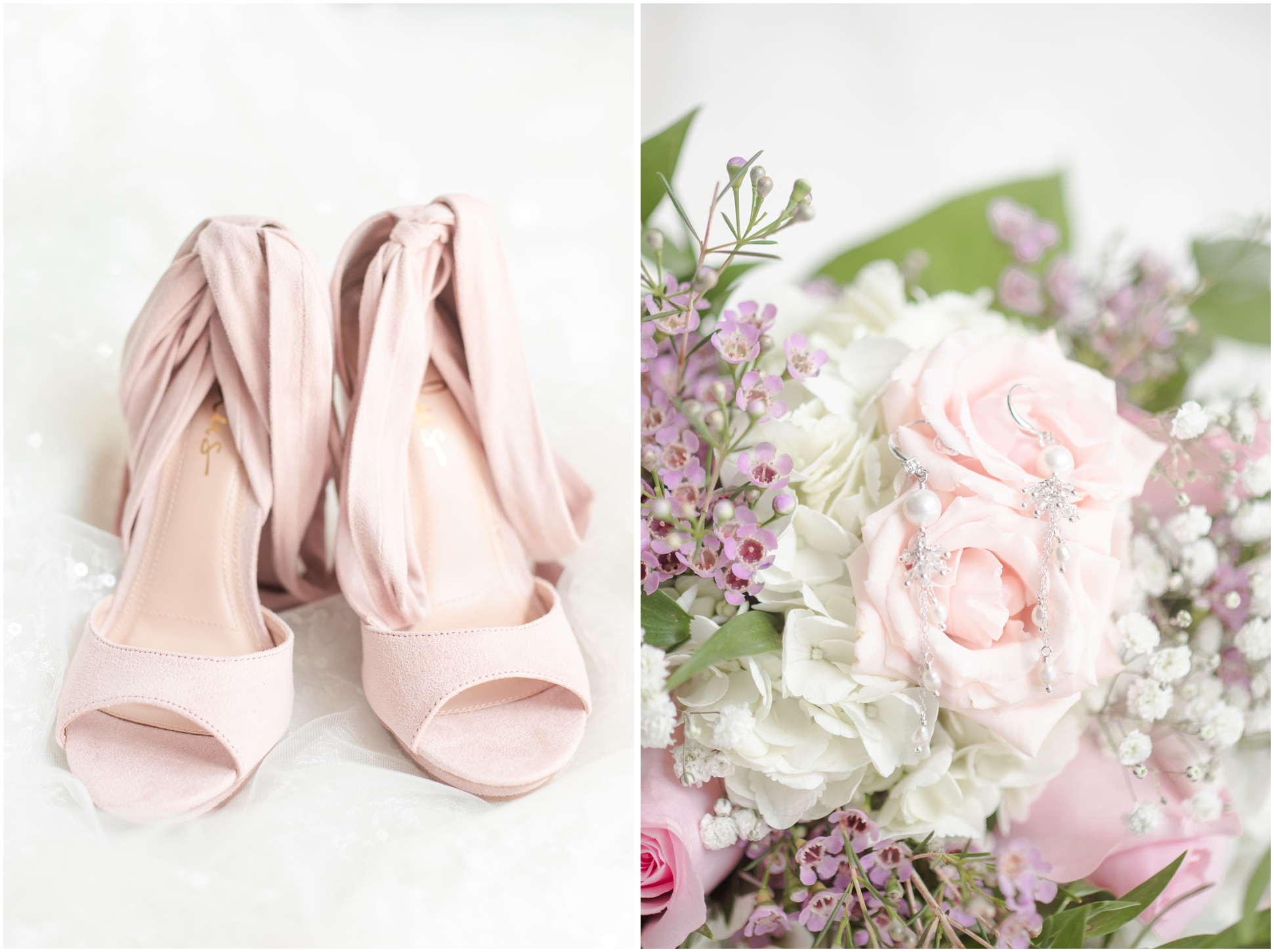 Left, Blush Velvet Heels with Ties, Right: Bouquet with Blush florals and and earrings hanging down