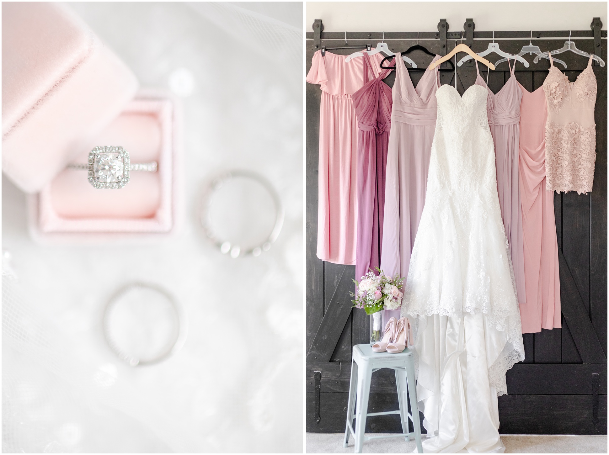 Left: Square diamond engagement ring in Mrs. Box, Right: bridesmaids dresses in different styles and shades of pink
