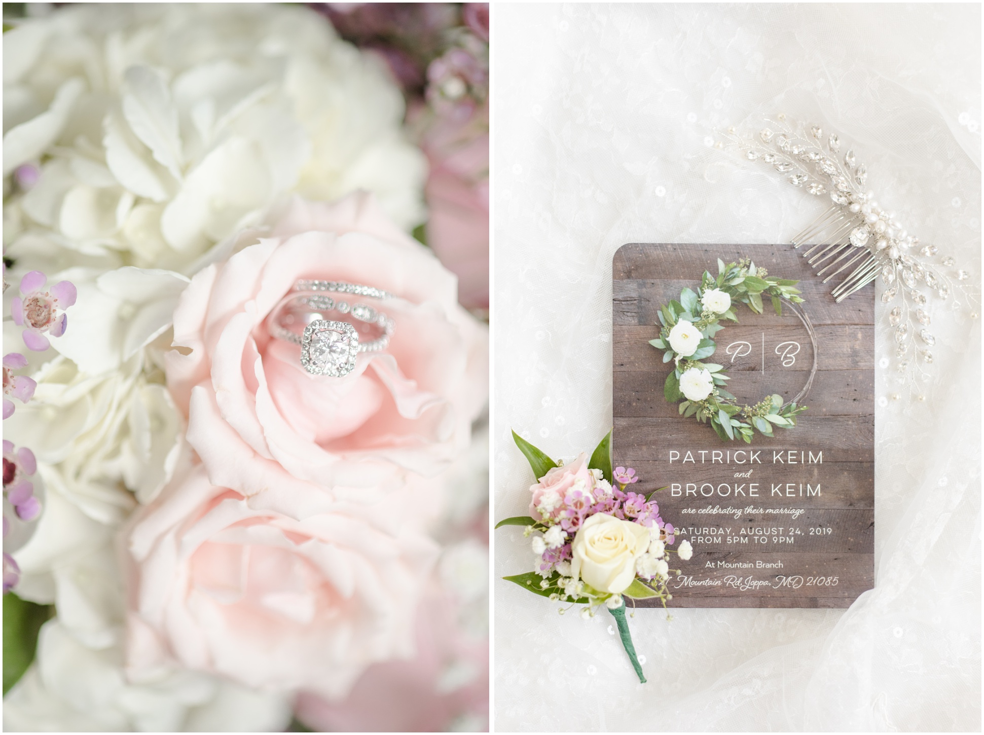 Left: diamond wedding rings in blush roses and bouquet, right: invitation and boutonniere