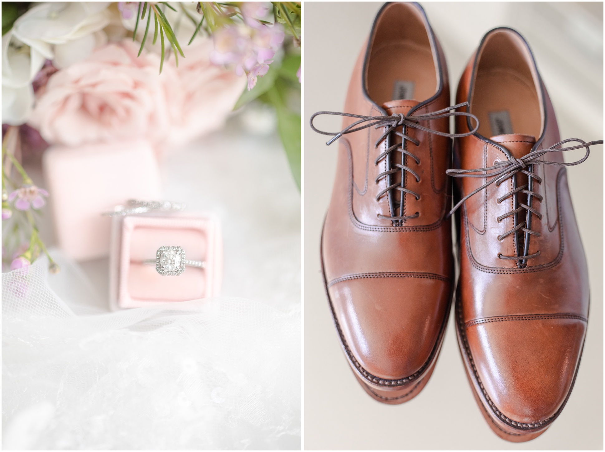 Square diamond wedding rings in blush Mrs. Box and the grooms shoes on a mirror