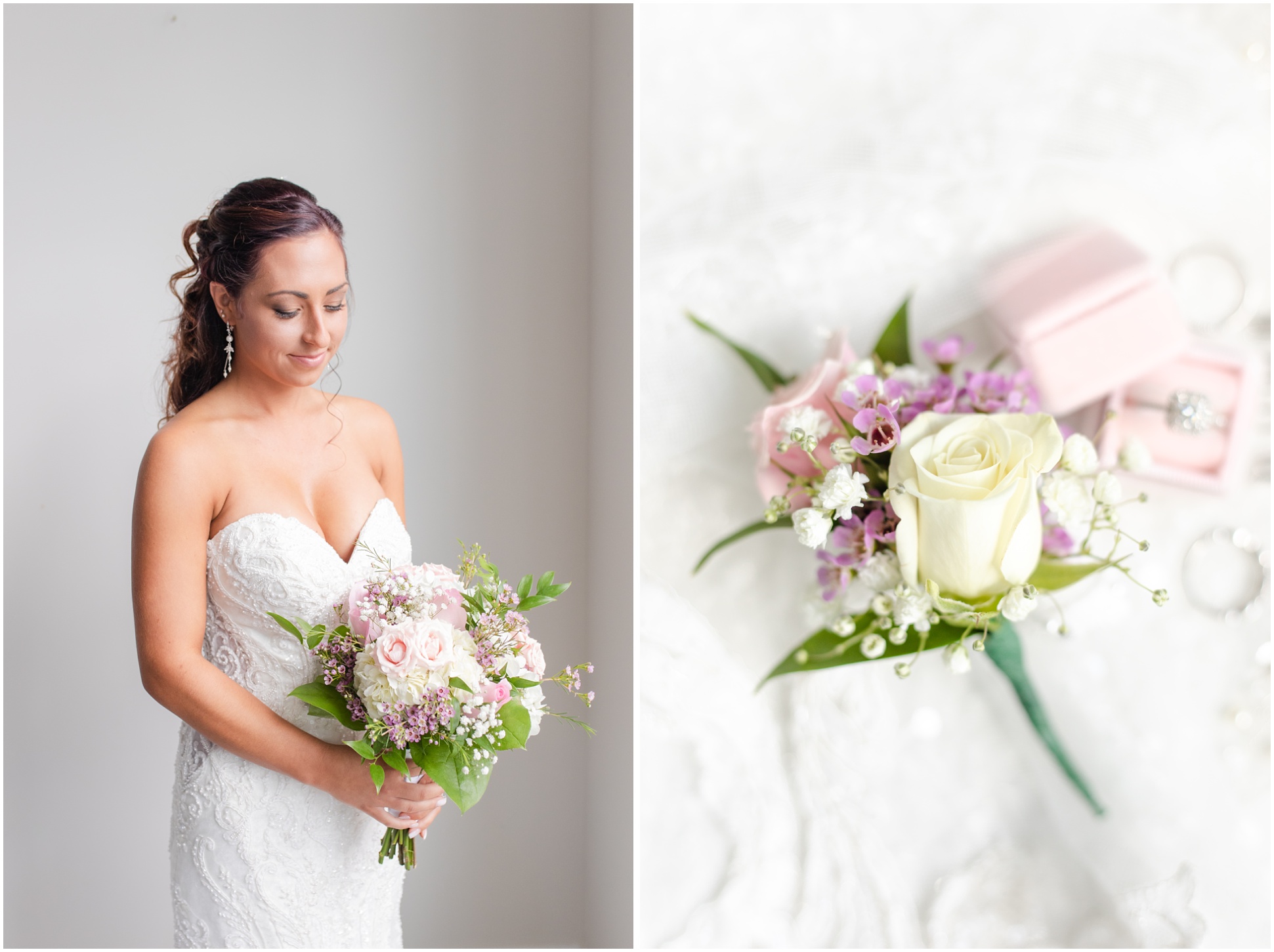 Left: Bride looking down at bouquet, right: the groom's boutonniere 