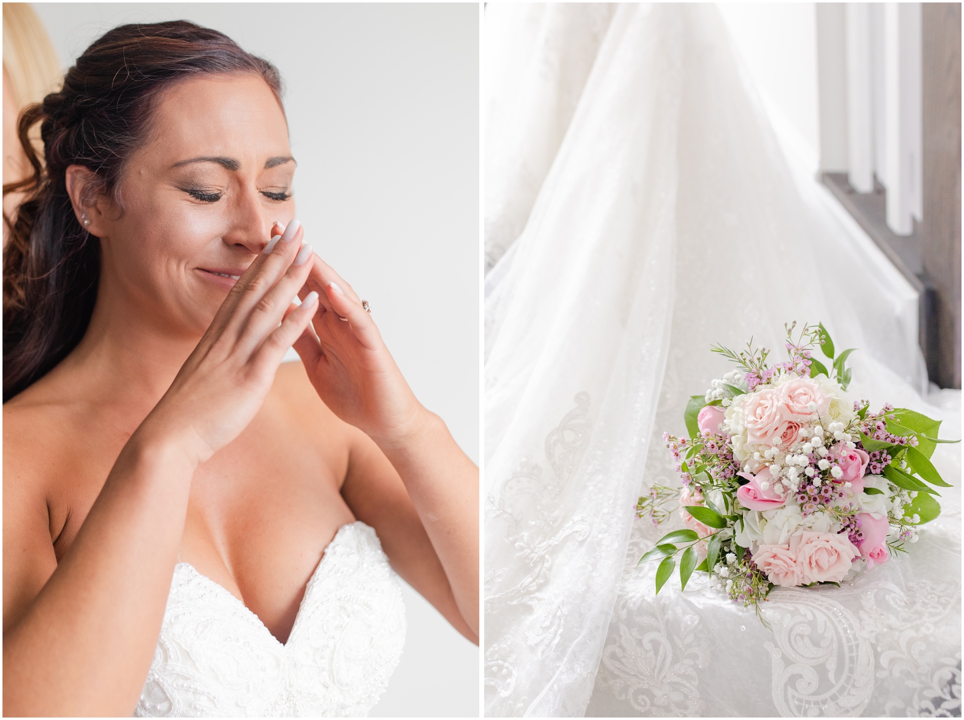 Left: the Bride crying, Right: bridal bouquet sitting on the train of the bride's wedding gown