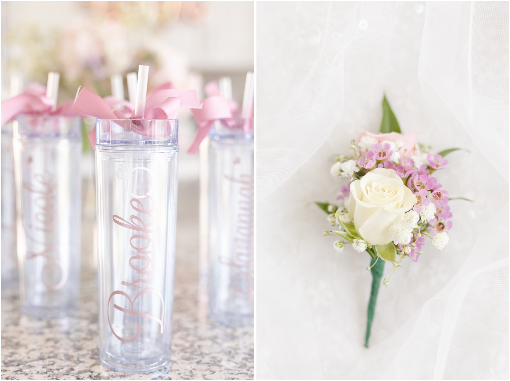 Personalized Bridesmaids Cups and the Groom's boutonniere 