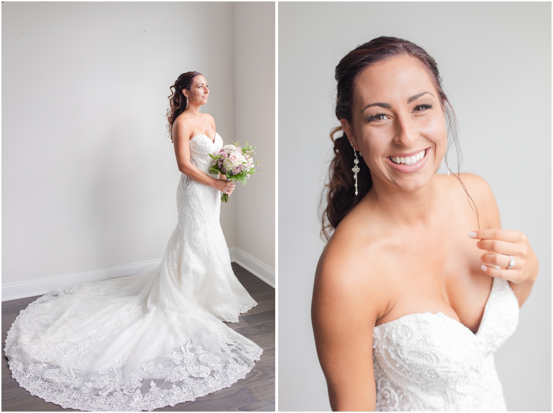 Two portraits of the bride in a sweet hear dress with a long train