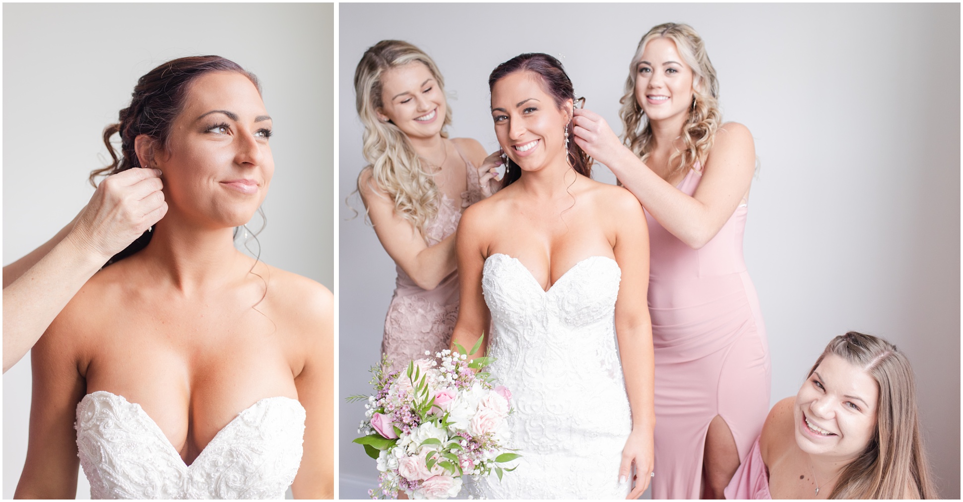 The bridesmaids in a variety of pink dresses helping the bride get ready