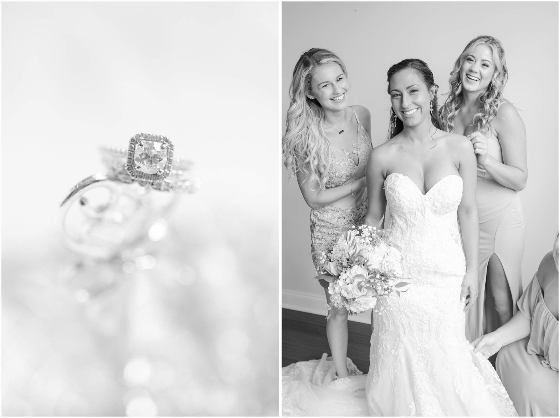 Two black and white images of the rings and the bridal party