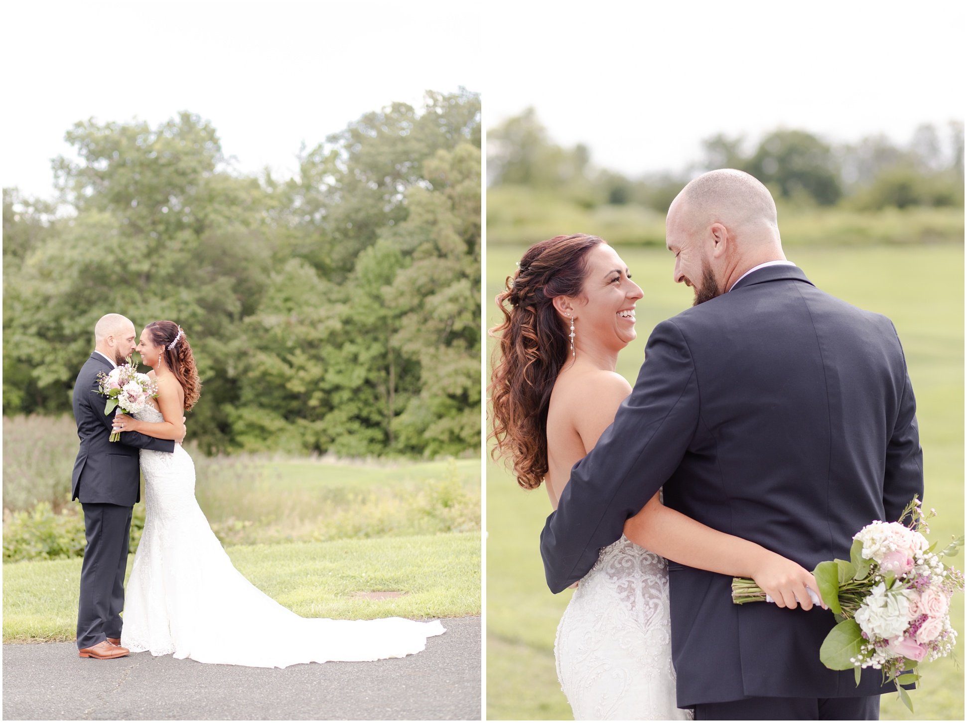 Two portraits of the bride and groom on the golf course at Mountain Branch