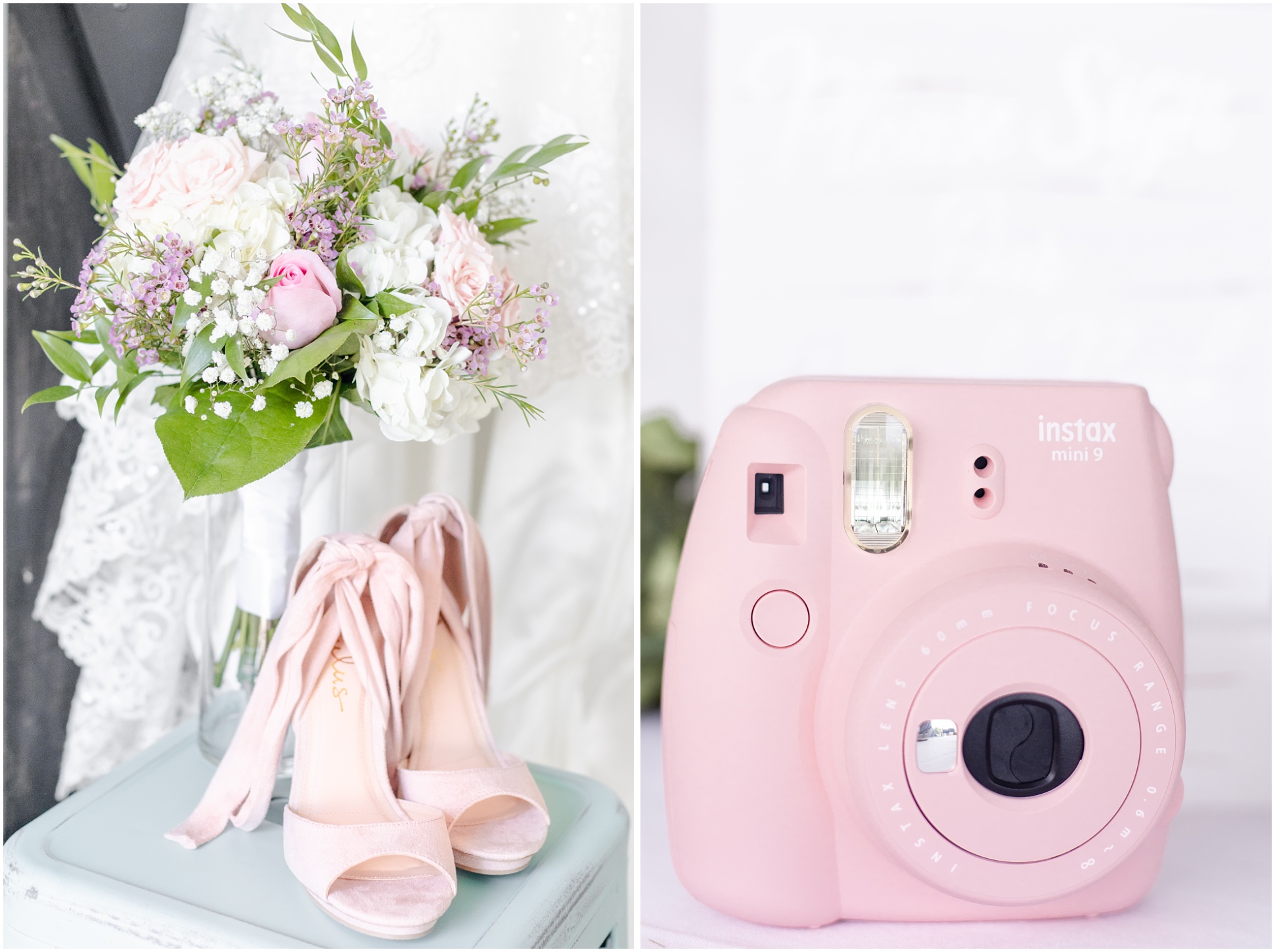 Left: The bridal bouquet and her blush shoes, right: the Instax camera from the reception
