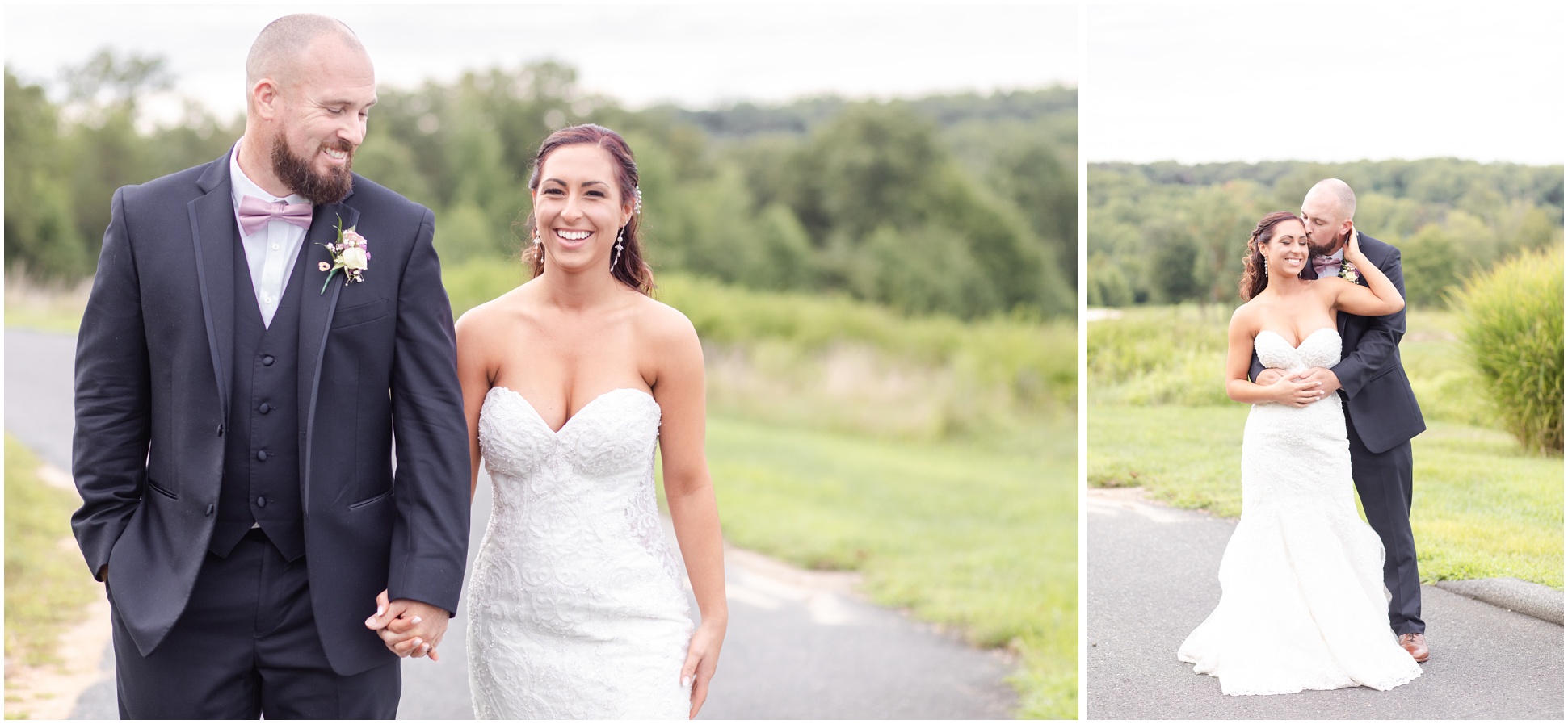 Two images of Brooke and Patrick walking toward the camera on the golf course