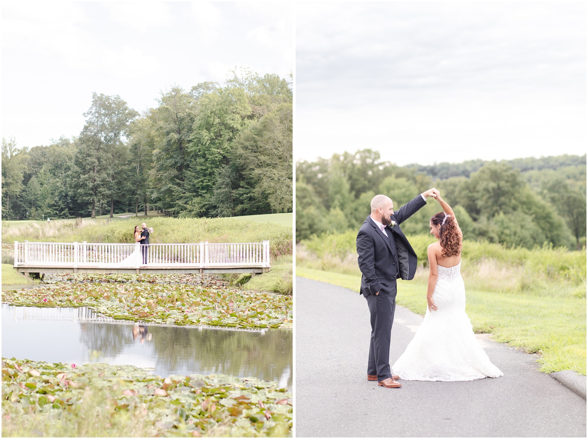 Left: Bride and Groom on the white bridge, right: bride and groom twirling
