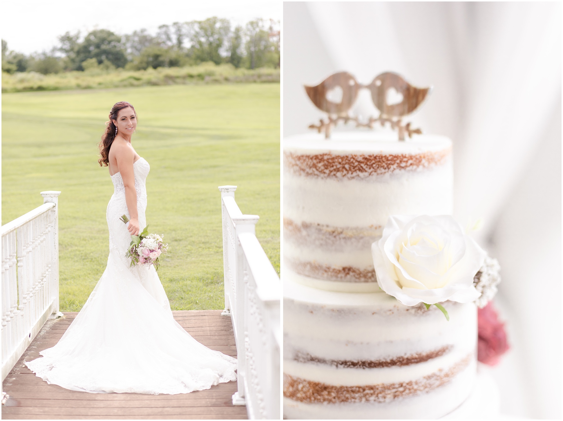 Left: Bridal Portrait of Brooke on the bridge, Right: Close up of the cake