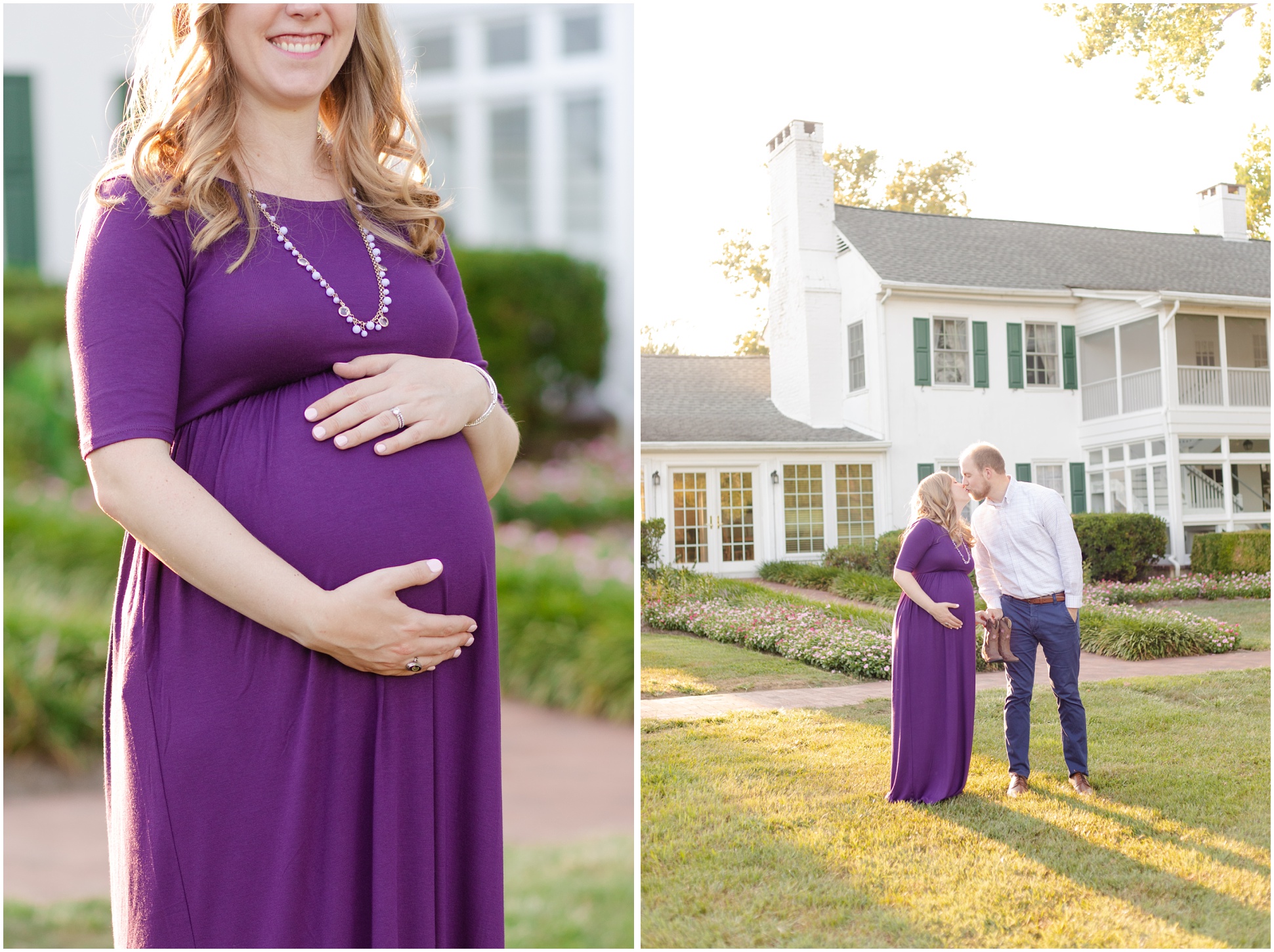 Two images of Kelly and Chris during their maternity session in front of the mansion at Swan Harbor Farm