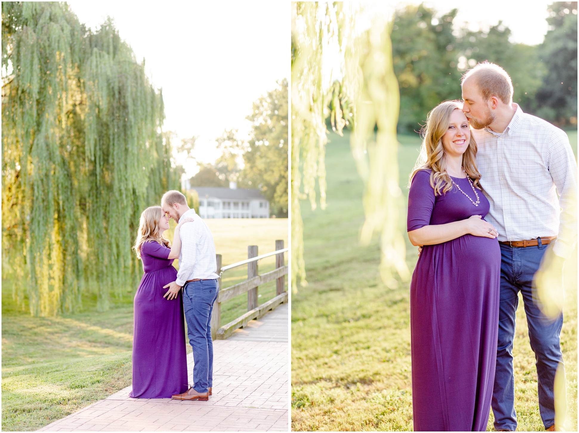 Two images of a maternity session with a purple maternity dress