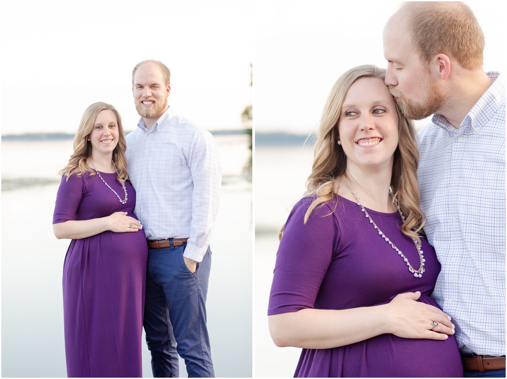 Two images of mom-to-be in a purple maternity dress standing with her hubby on the dock at Swan Harbor Farm