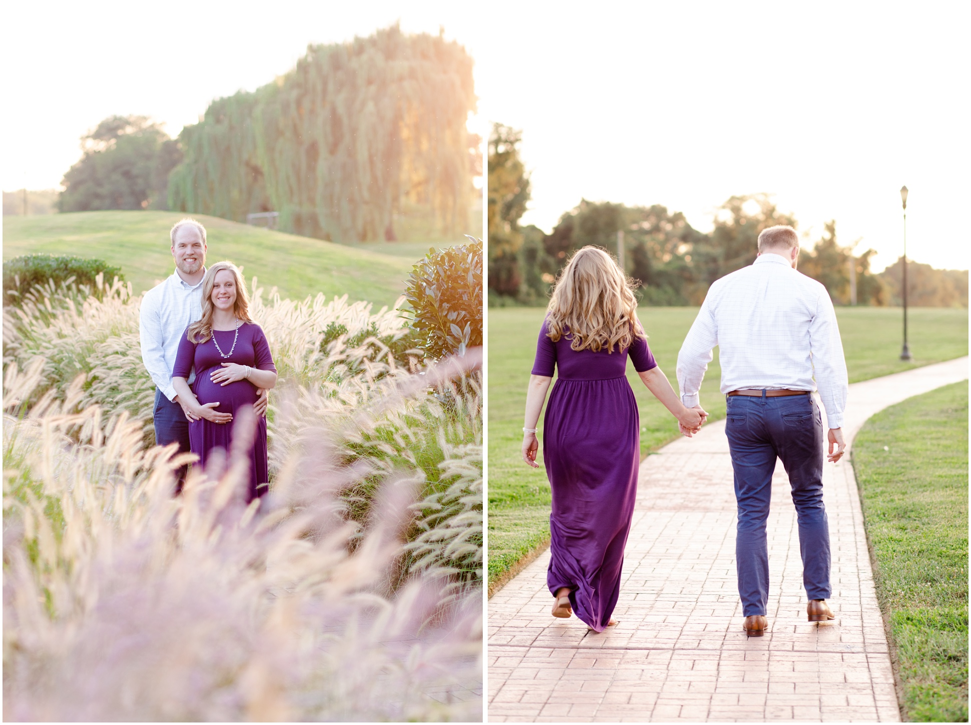 A pregnant couple walking through the lavender flowers at Swan Harbor Farm