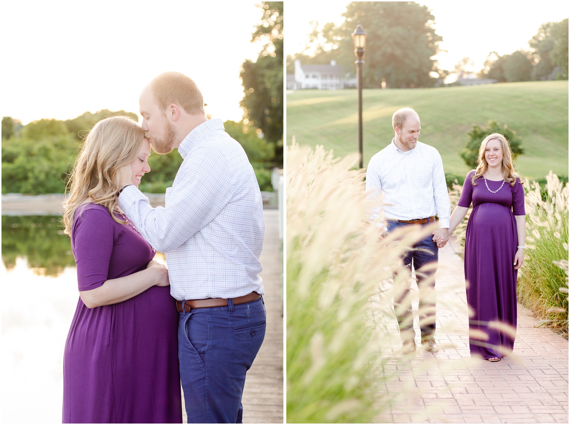 Man kissing pregnant woman's forehead and man and pregnant woman walking