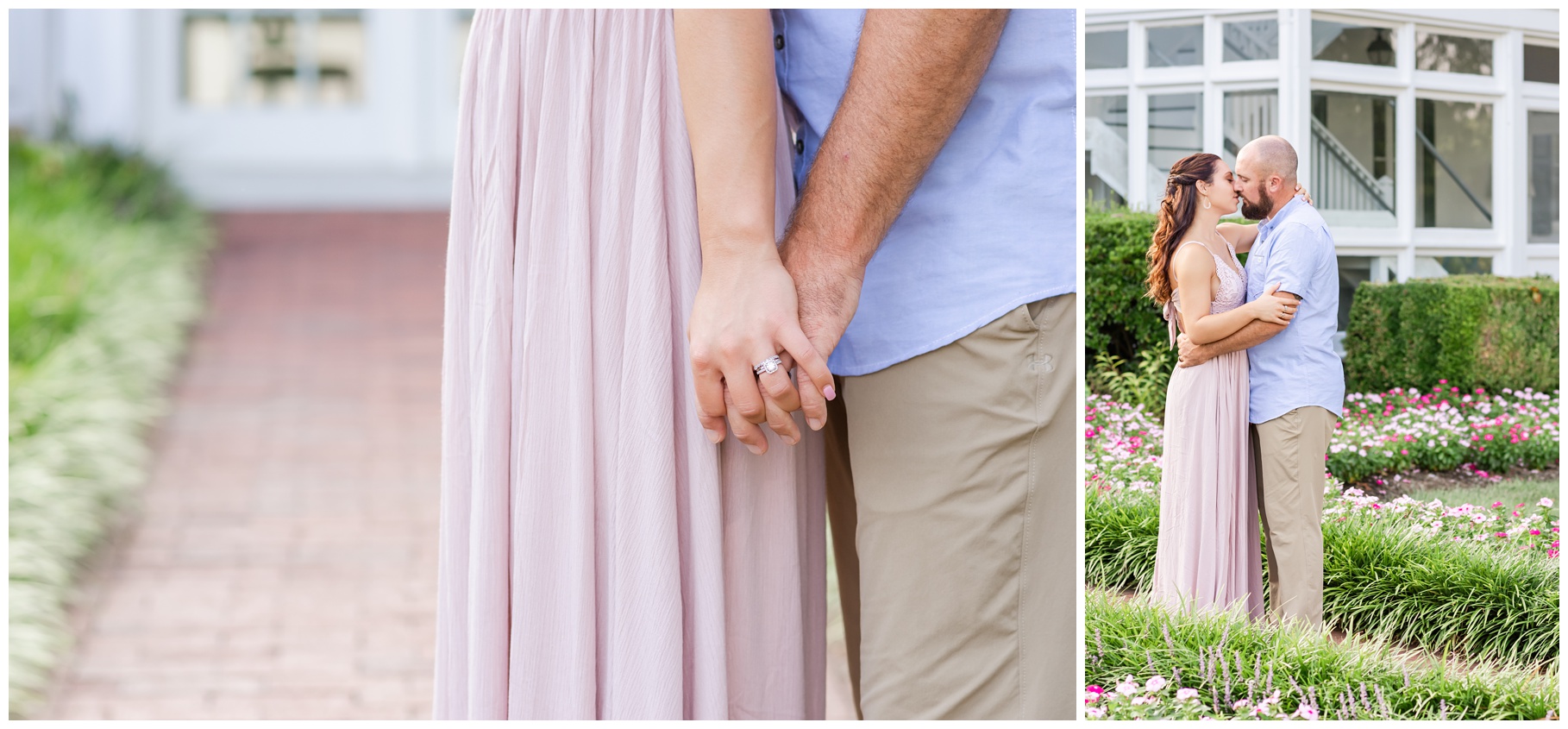 Close up couple holding hands and full frame of couple in garden