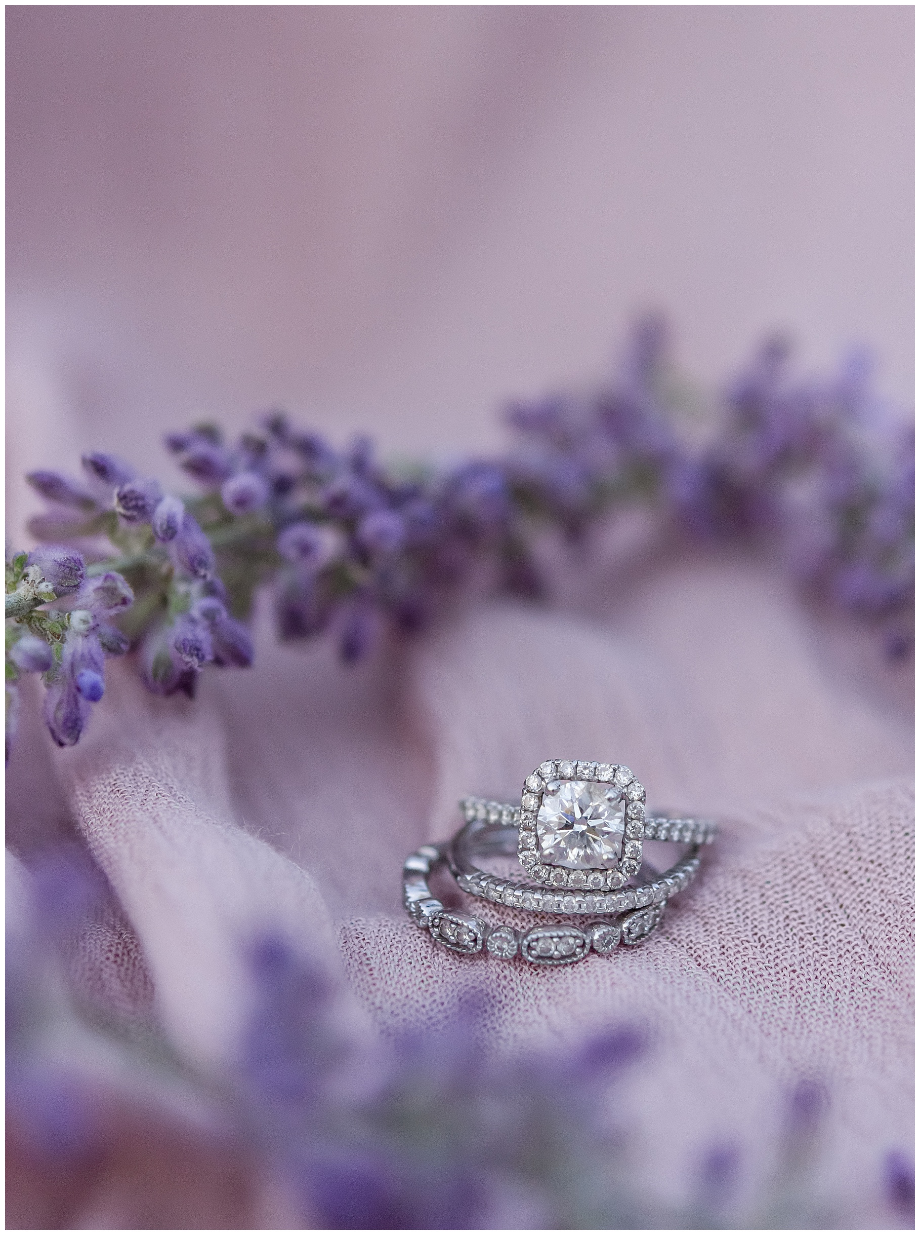 Halo diamond engagement ring in lavender