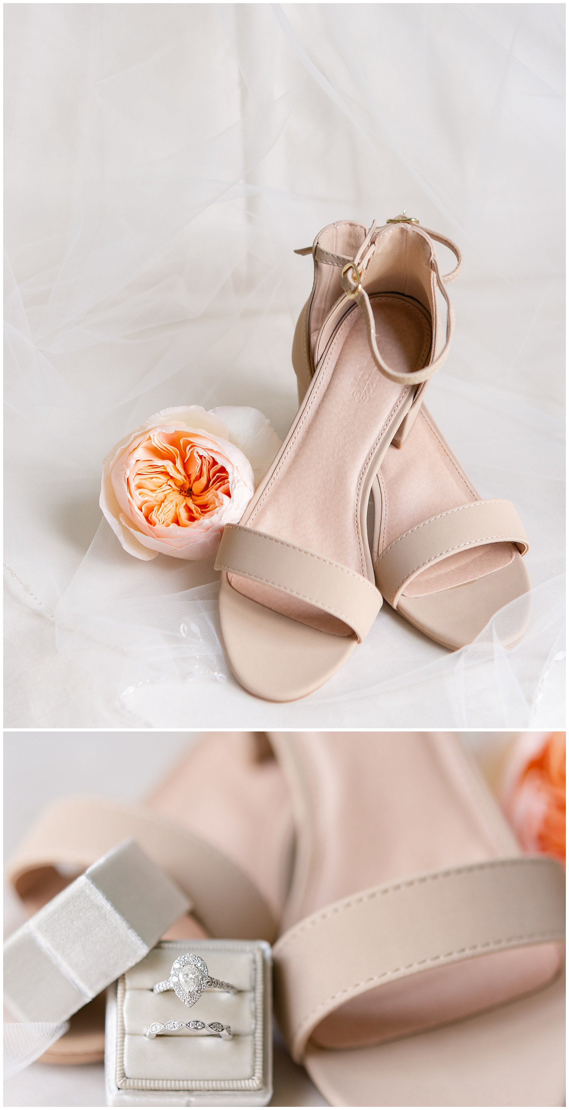 Wedding details - tan scrappy heels with peony and ring