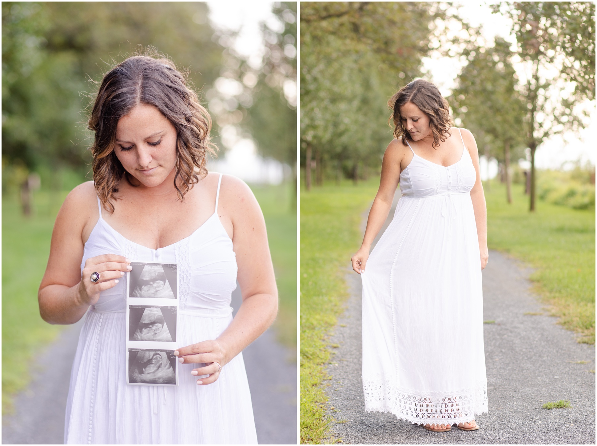 Two pictures of Mallory during her maternity session in a white dress