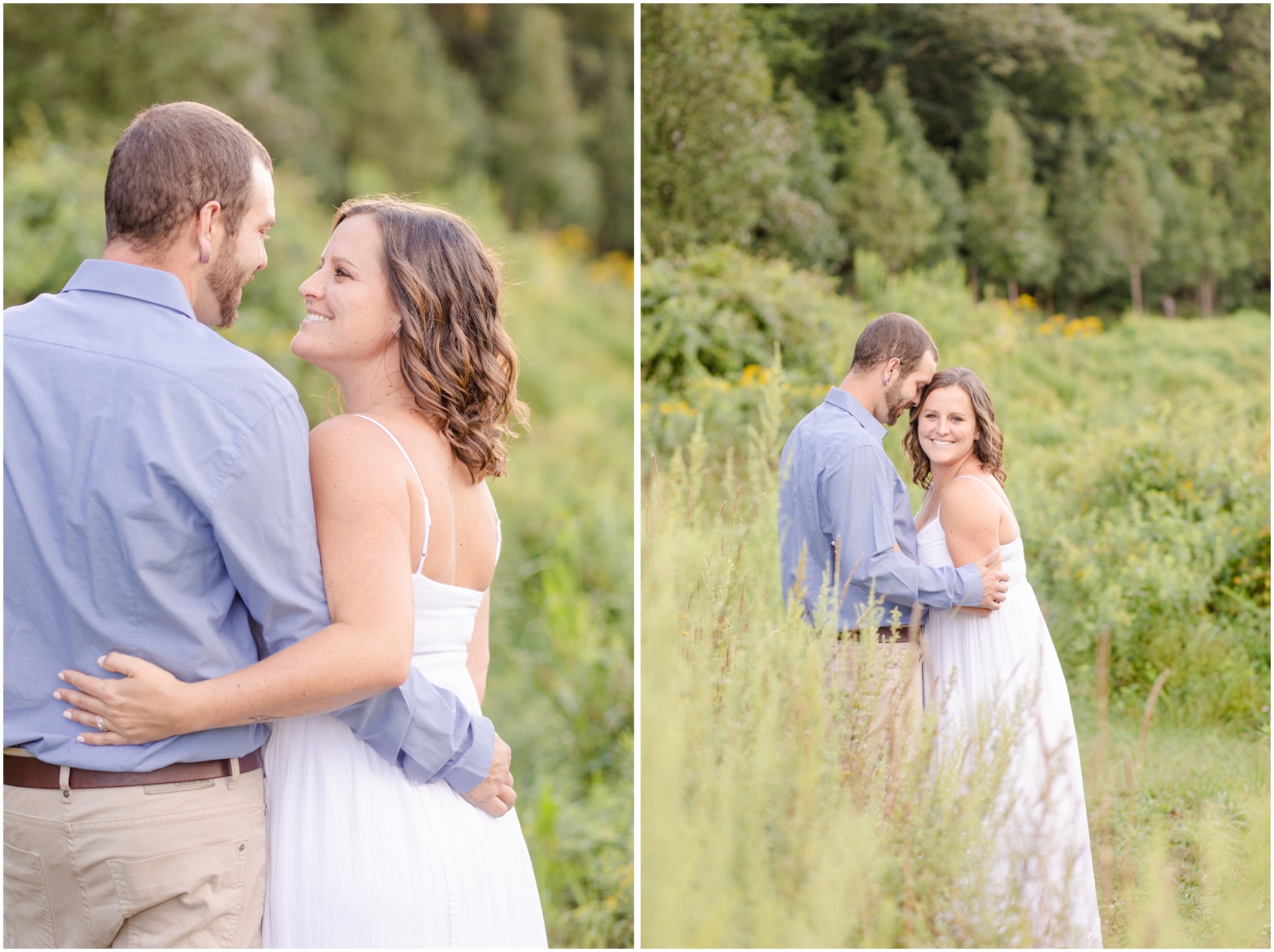 Two images of Mallory and Jimmy in the tall grass