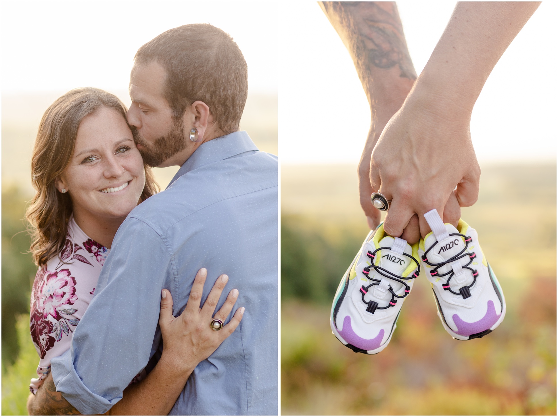 Left: Mallory and Jimmy Hugging, Right: Hands holding little Nike Air maxes for a baby