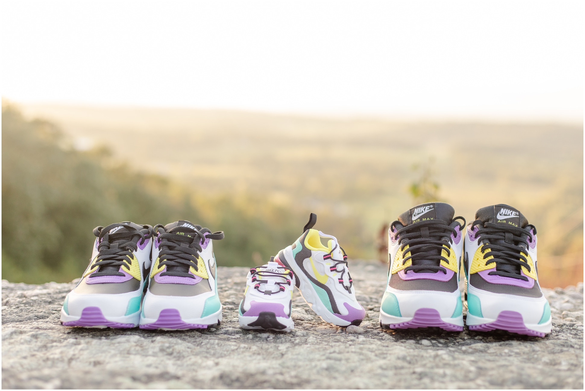 Three pairs of Purple, Teal, and Yellow, Nike Air Max