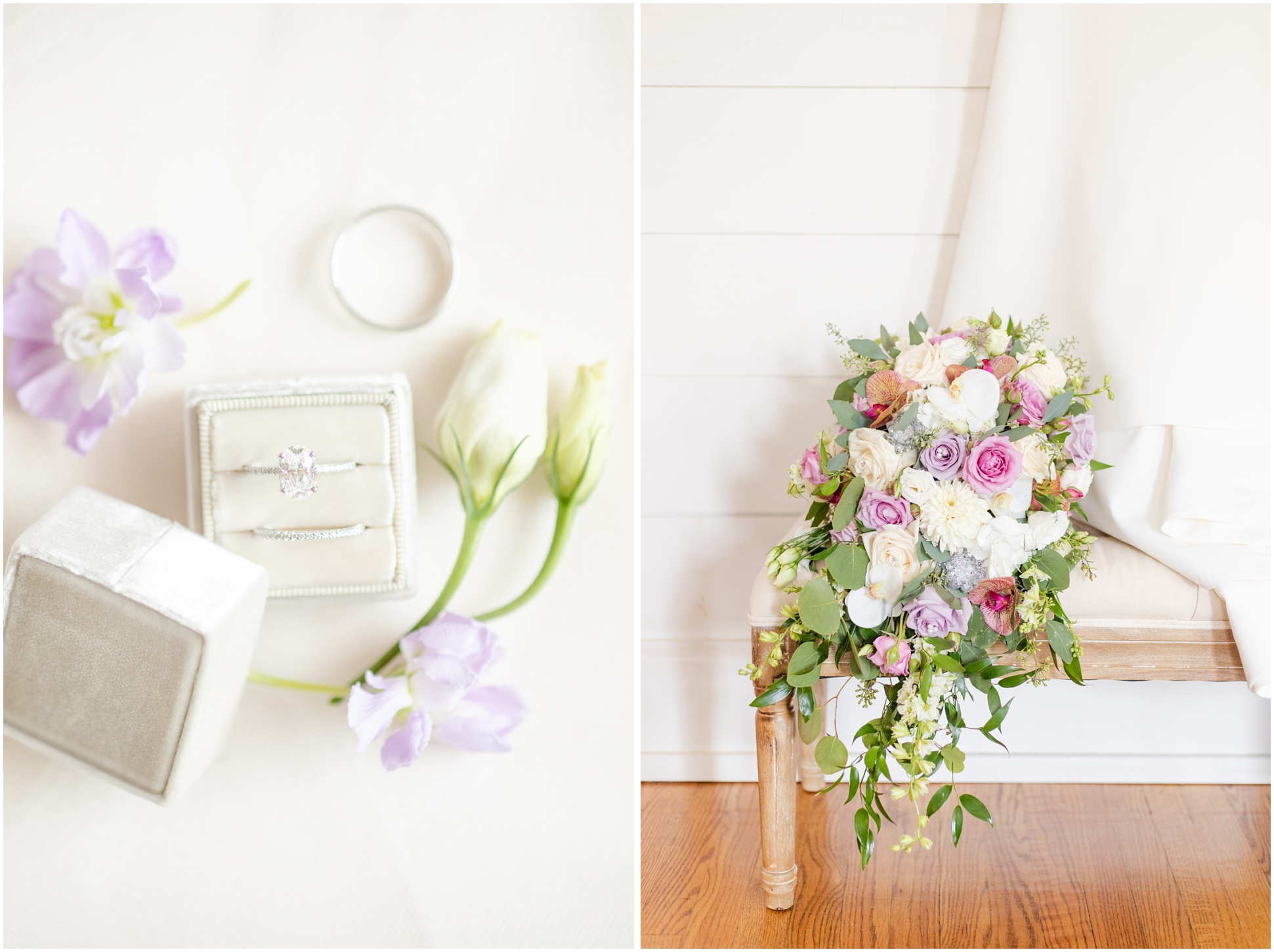 Left: Wedding Rings and Flowers, Right: Wedding Bouquet on bench