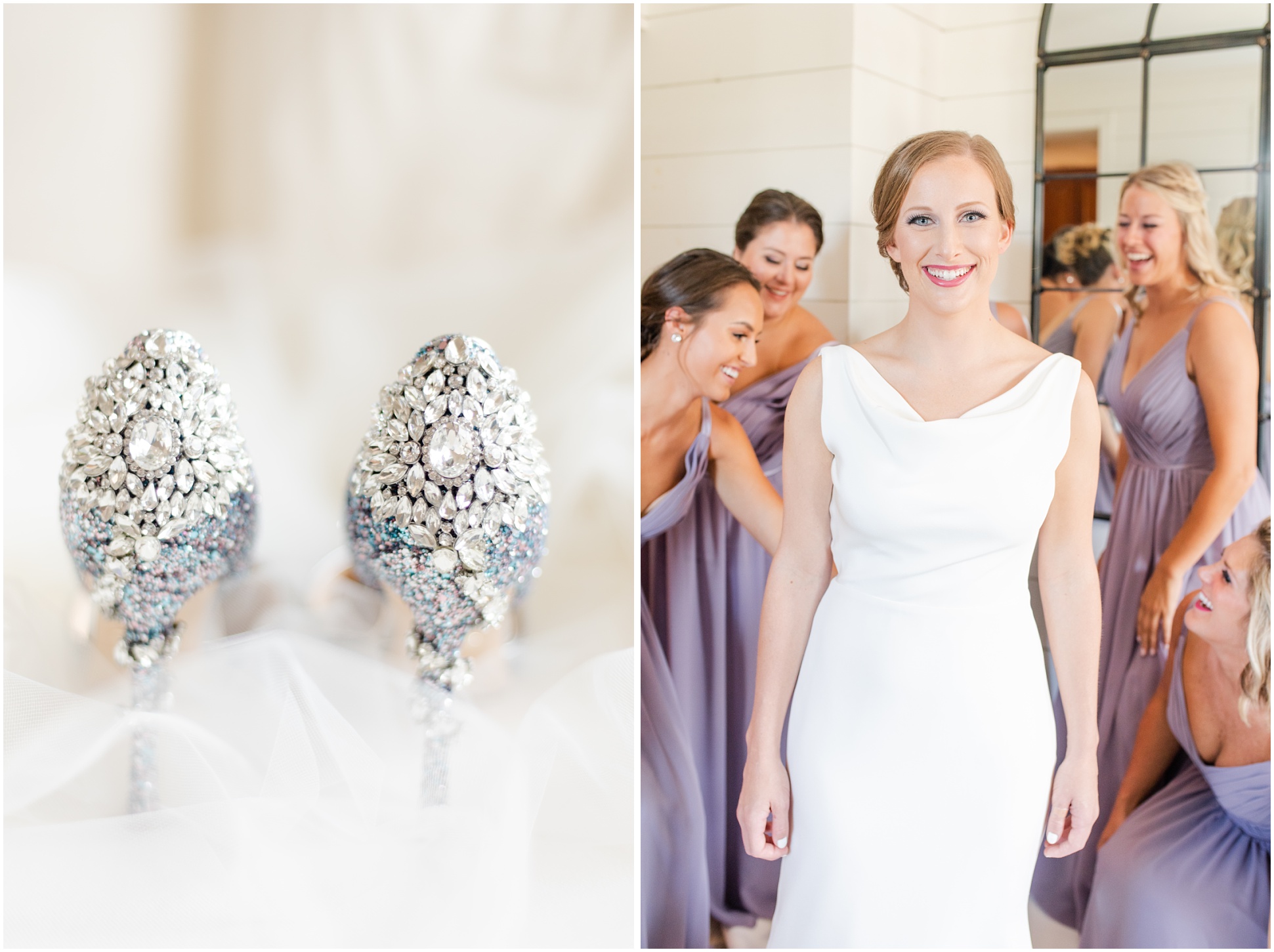 Left: Stiletto heals with diamonds and gems on the back, right: bride getting ready with bridesmaids