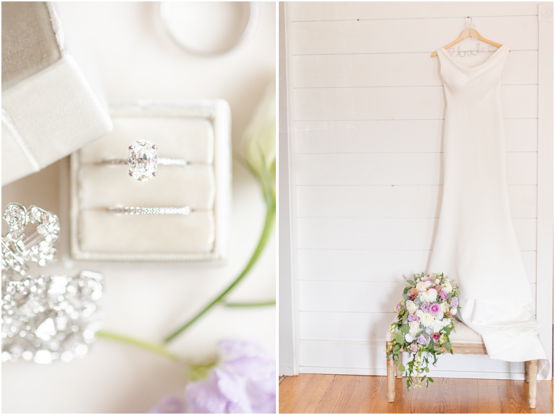 Left: Close up of weddings rings in a Mrs. Box, Right: Wedding dress and bouquet