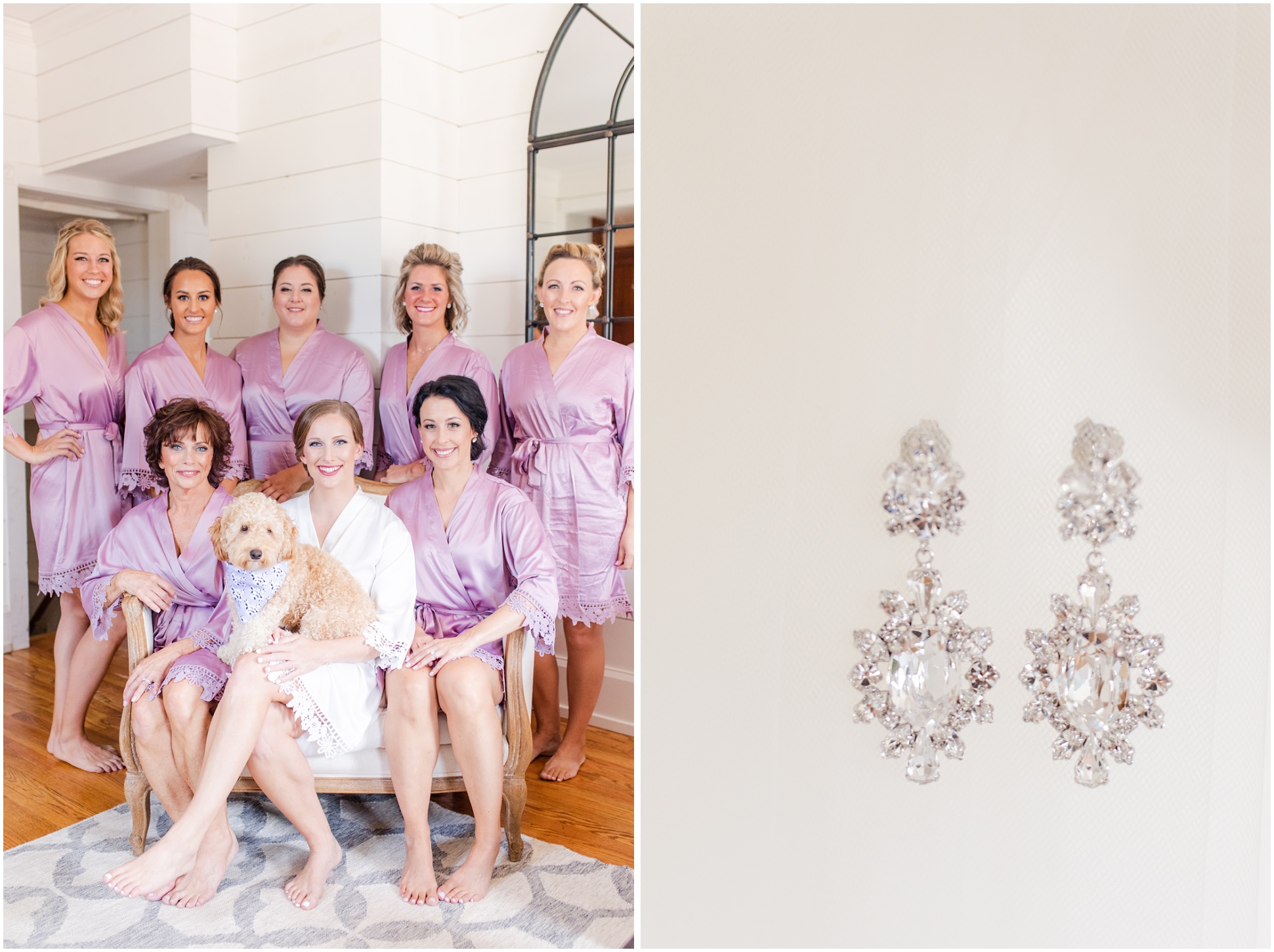 Bridal party in purple robes, Right: wedding day earrings