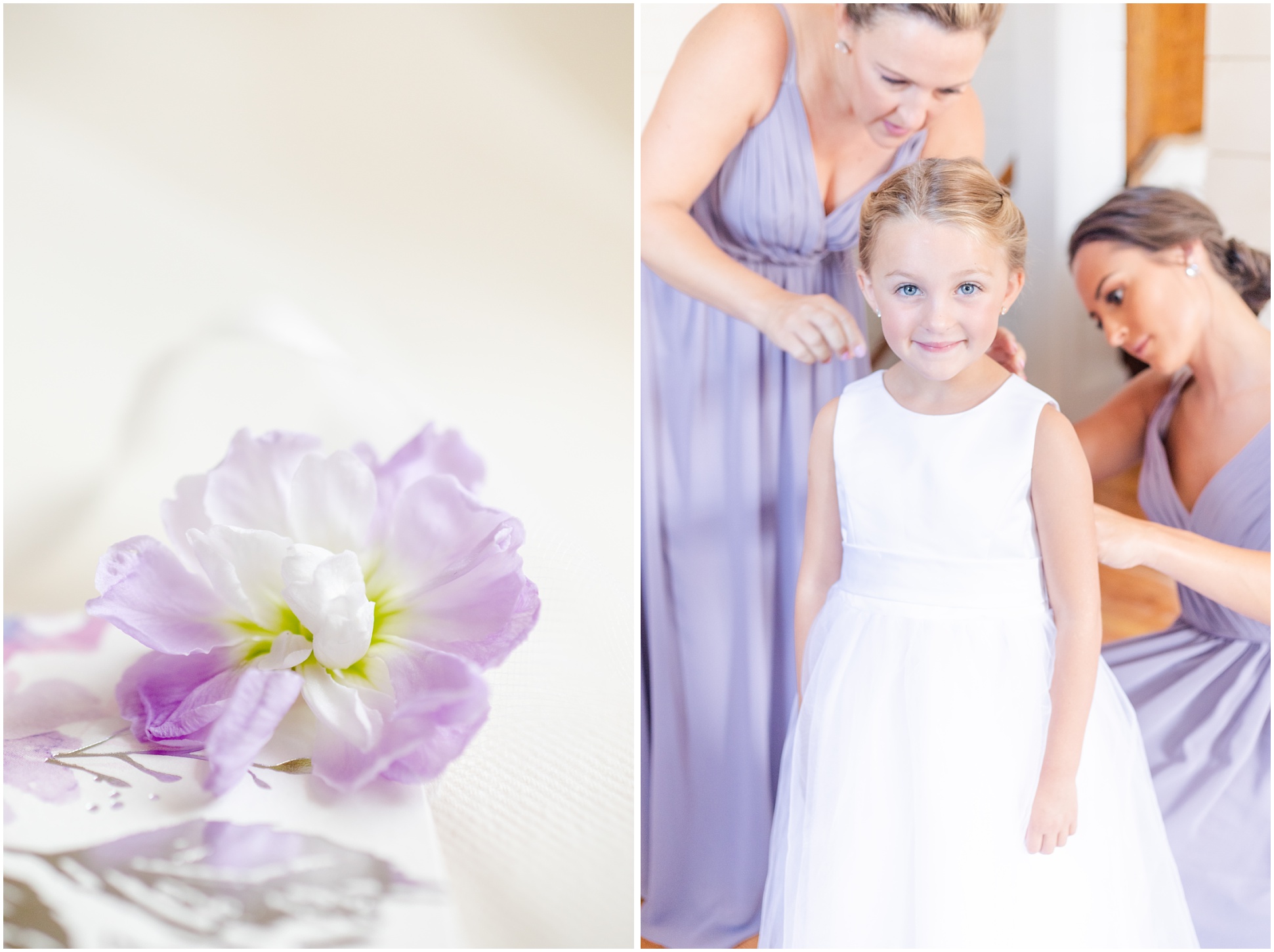 Left: purple flower, Right: Flower girl getting ready for wedding day