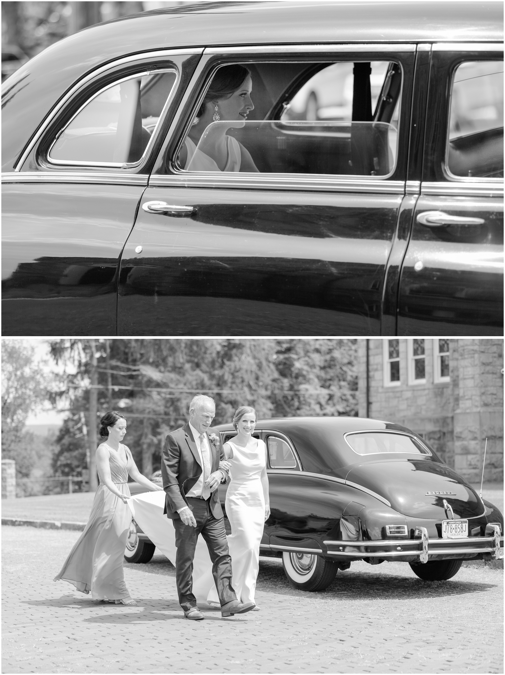 Two black and white photographs of bride getting out of an old vintage car