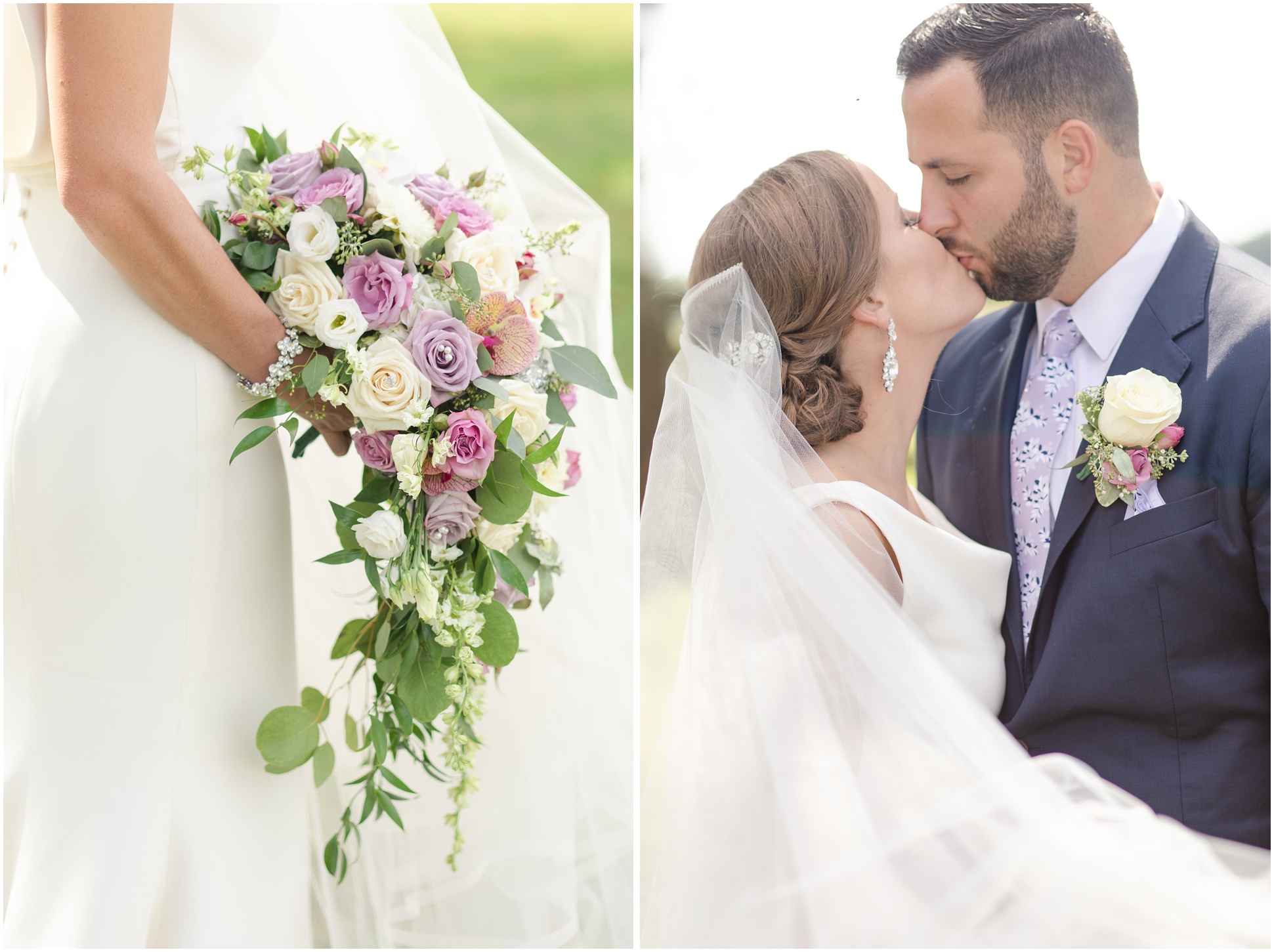 Left: Bride holding bouquet, Right: Bride and groom kissing