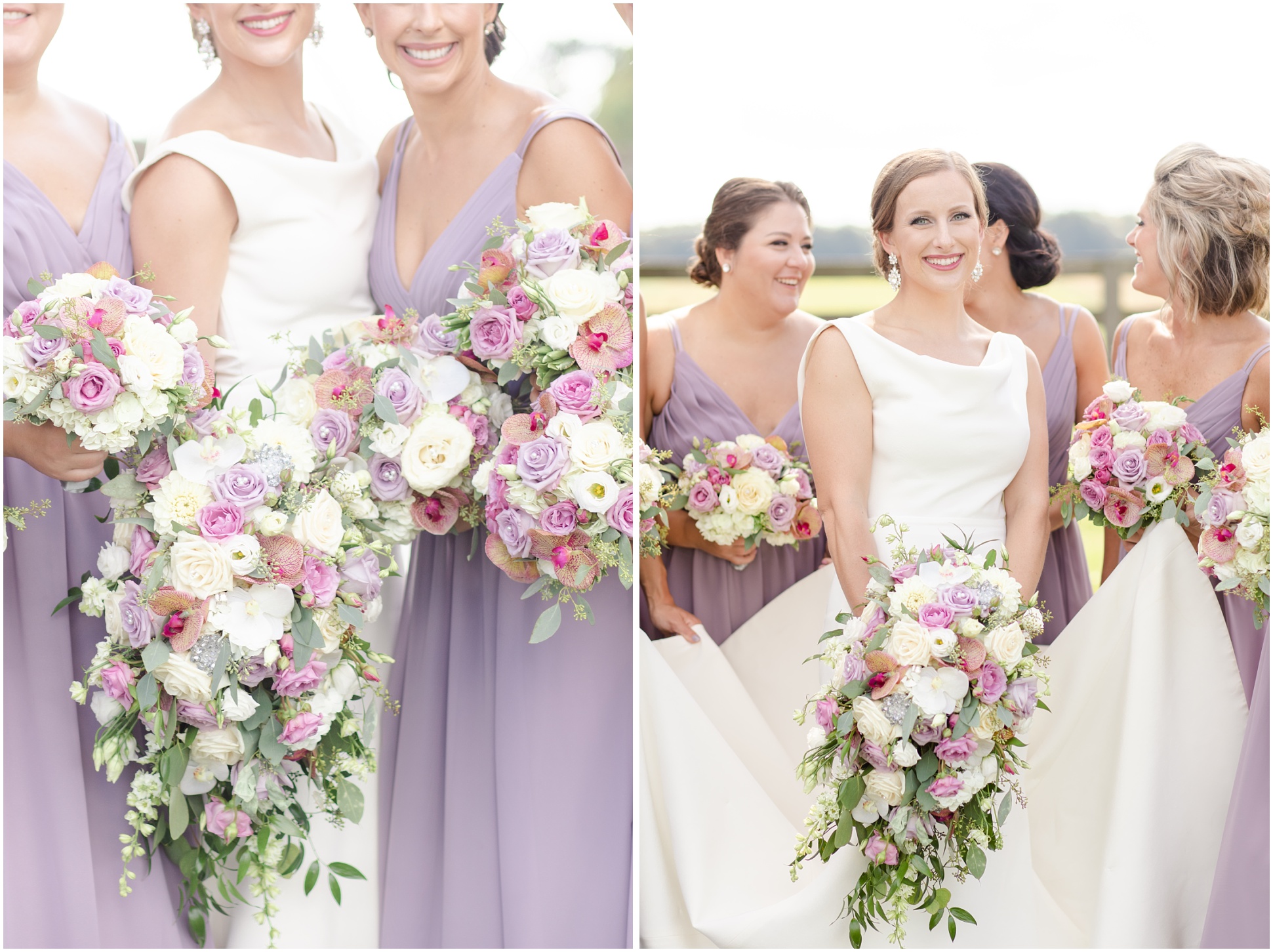 Left: Bride with maid of honor wearing purple dress, Right: Bridal party wearing purple dresses helping bride.