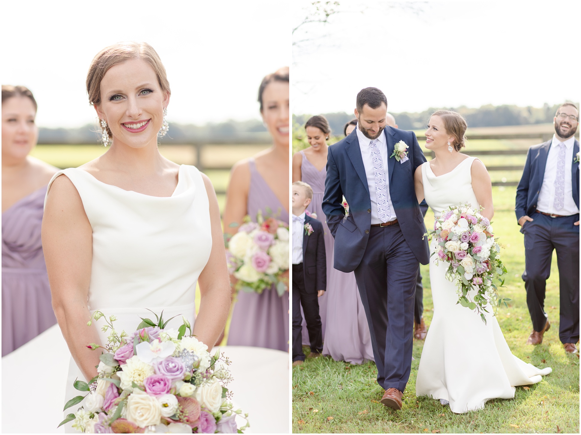 Bride and groom walking in front of bridal party