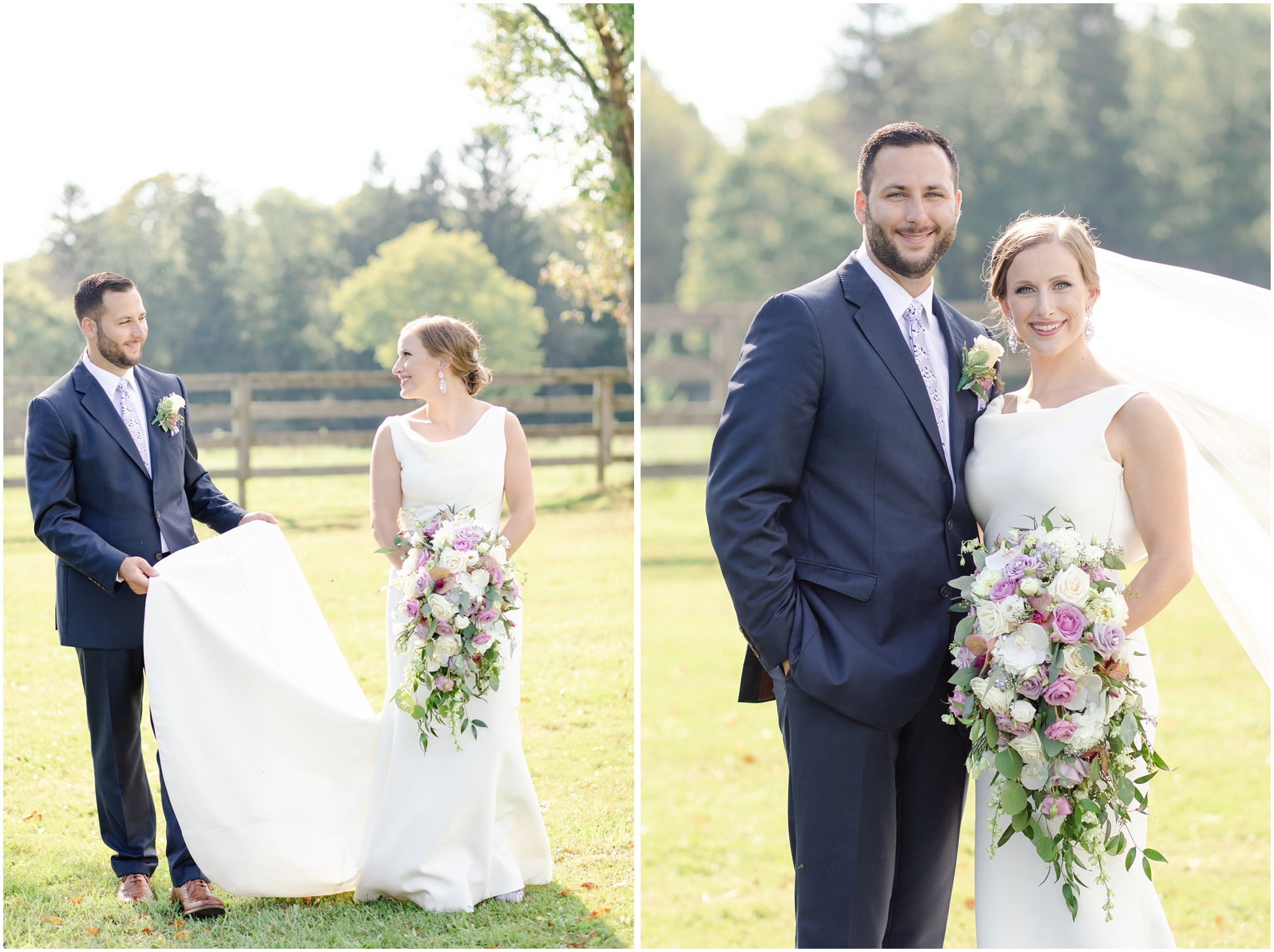 Left: Bride looking back over her shoulder toward her groom, right: traditional Bride and groom portrait