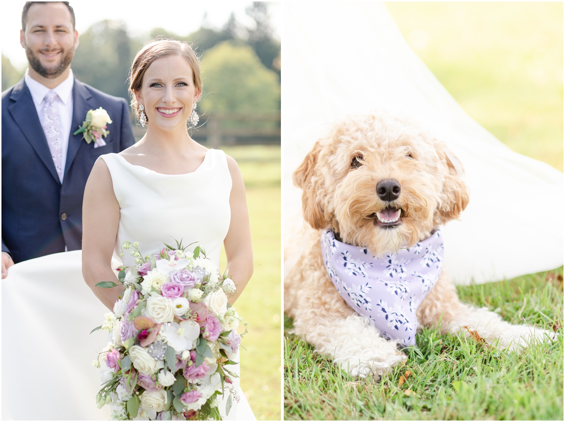 Left: Bride and groom looking at camera, Right: Puppy hiding under the bride's veil