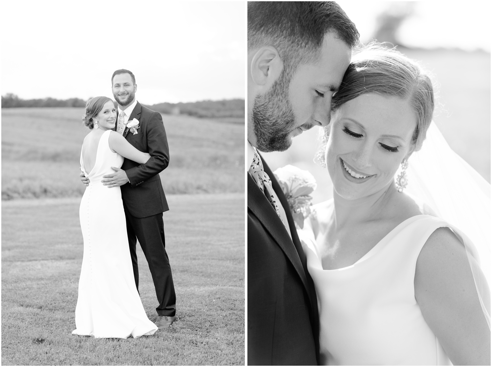 Two black and white images of the bride and groom, chest to chest.