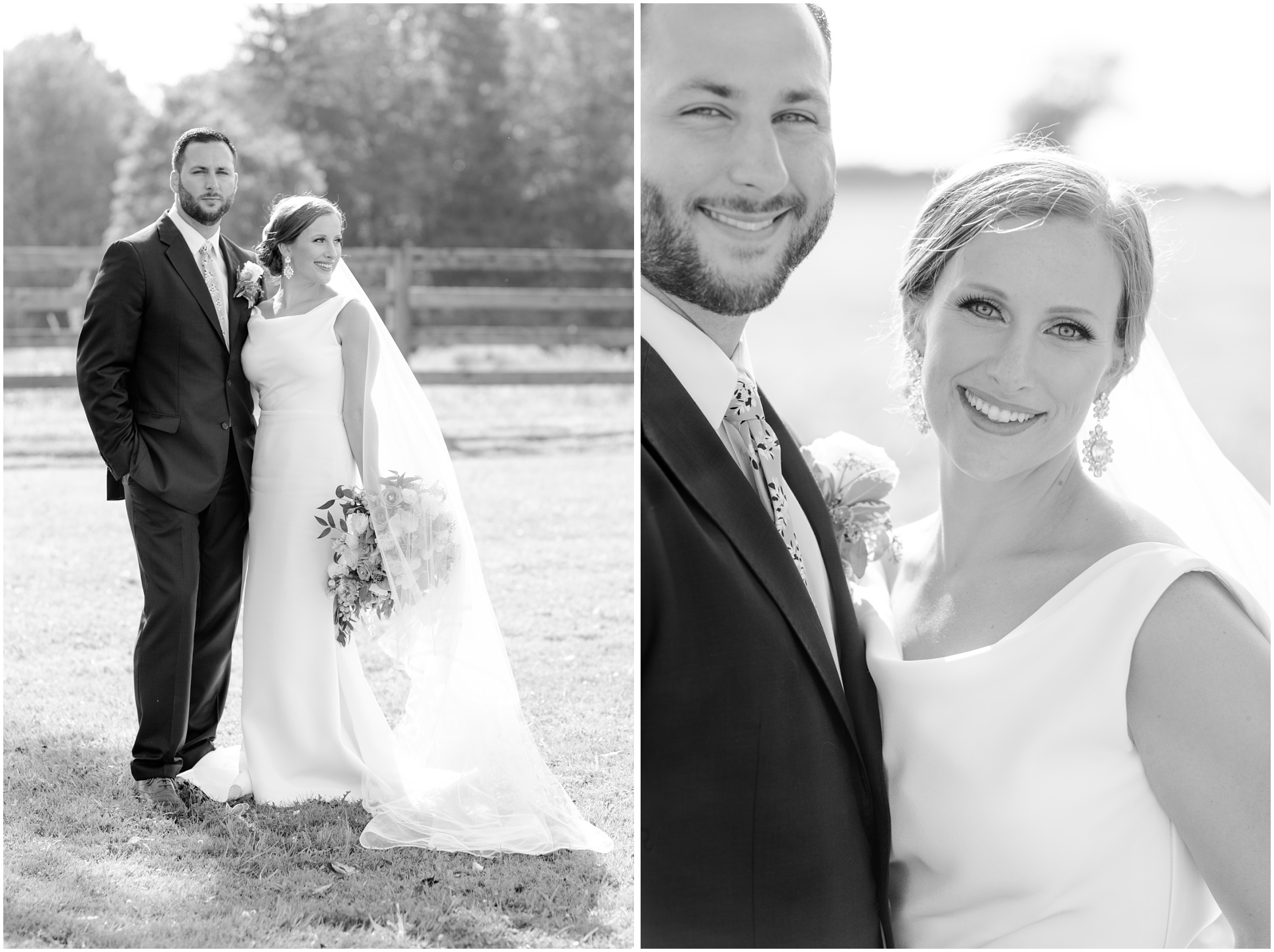 Left: Bride looking over her shoulder, away from the groom, Right: bride and groom looking at camera