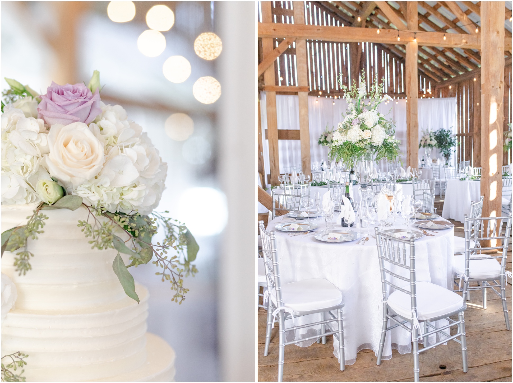Left: Cake, Right: Reception tables in the barn