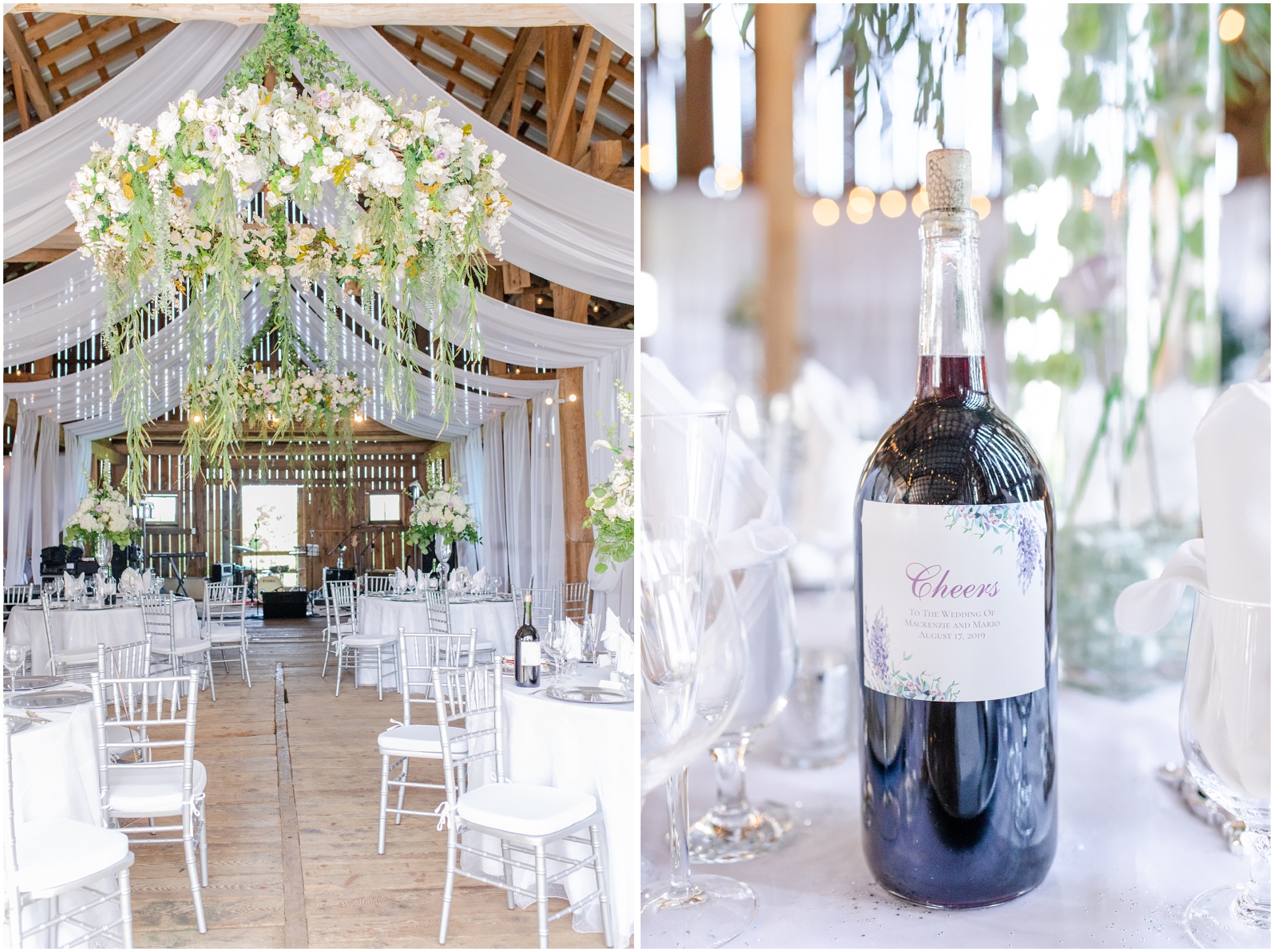 Left: The Magley estate barn decorated for the DeYulis wedding, Right: homemade wine as guest gifts