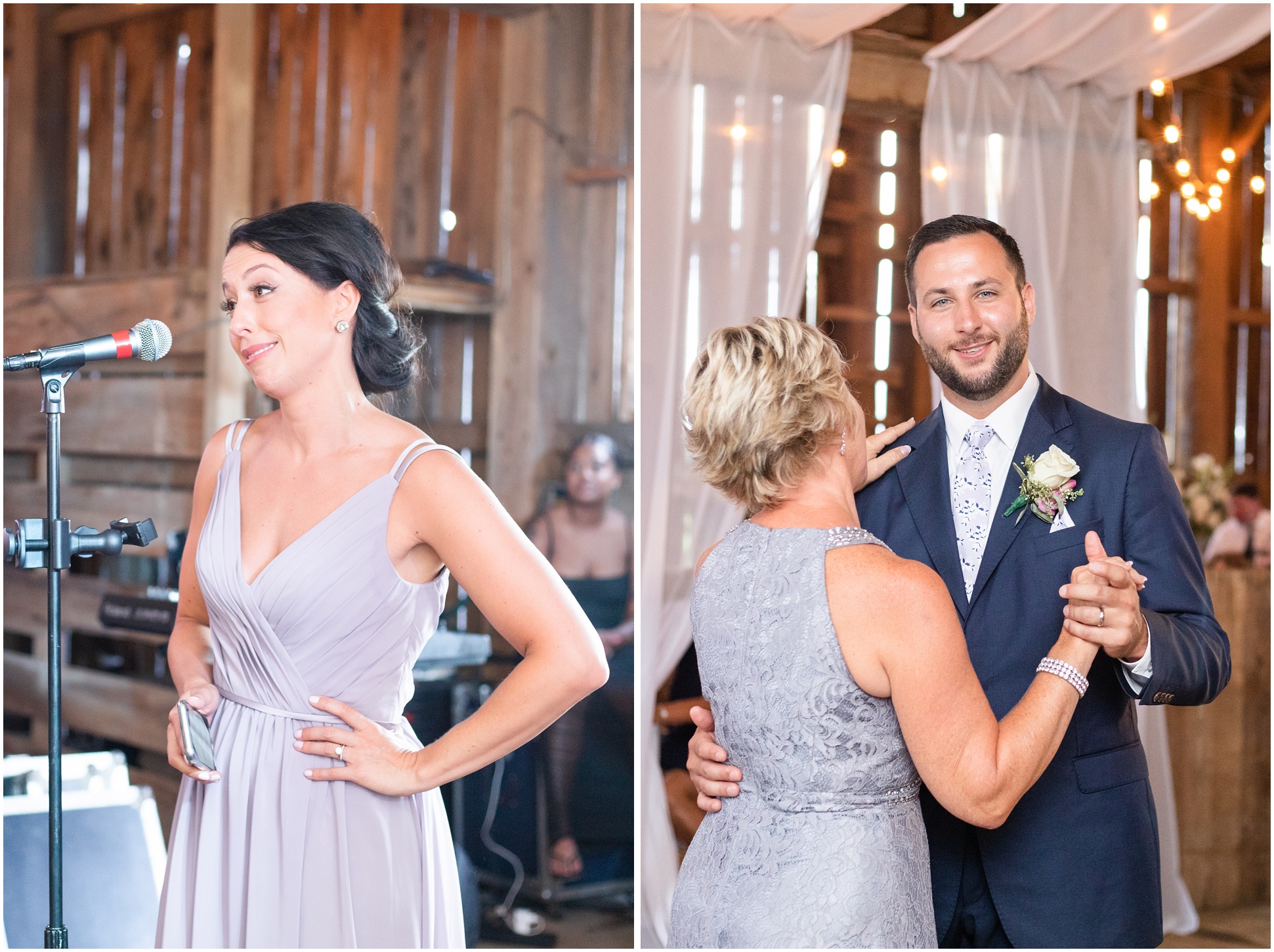 Left: Maid of Honor Speech, Right: Groom and mother of the groom dance